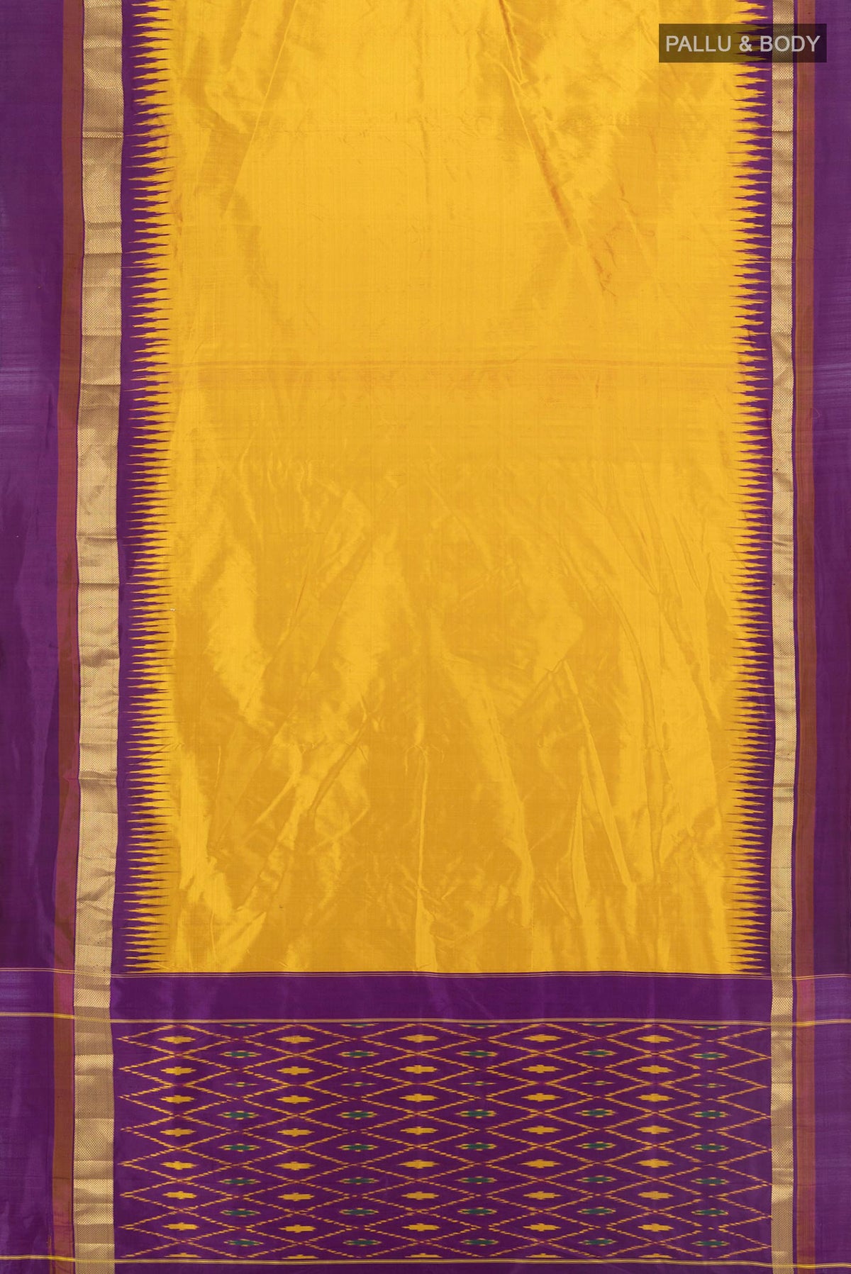 Flat view of Pure Silk Yellow Pochampally Saree with Plain Body and Zari Border. 