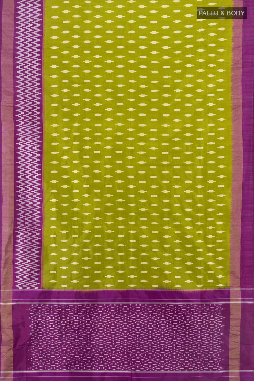 Flat view of Pure Silk Mehandi Green Pochampally Saree with Pure Ikat on the body and Ikat Border. 