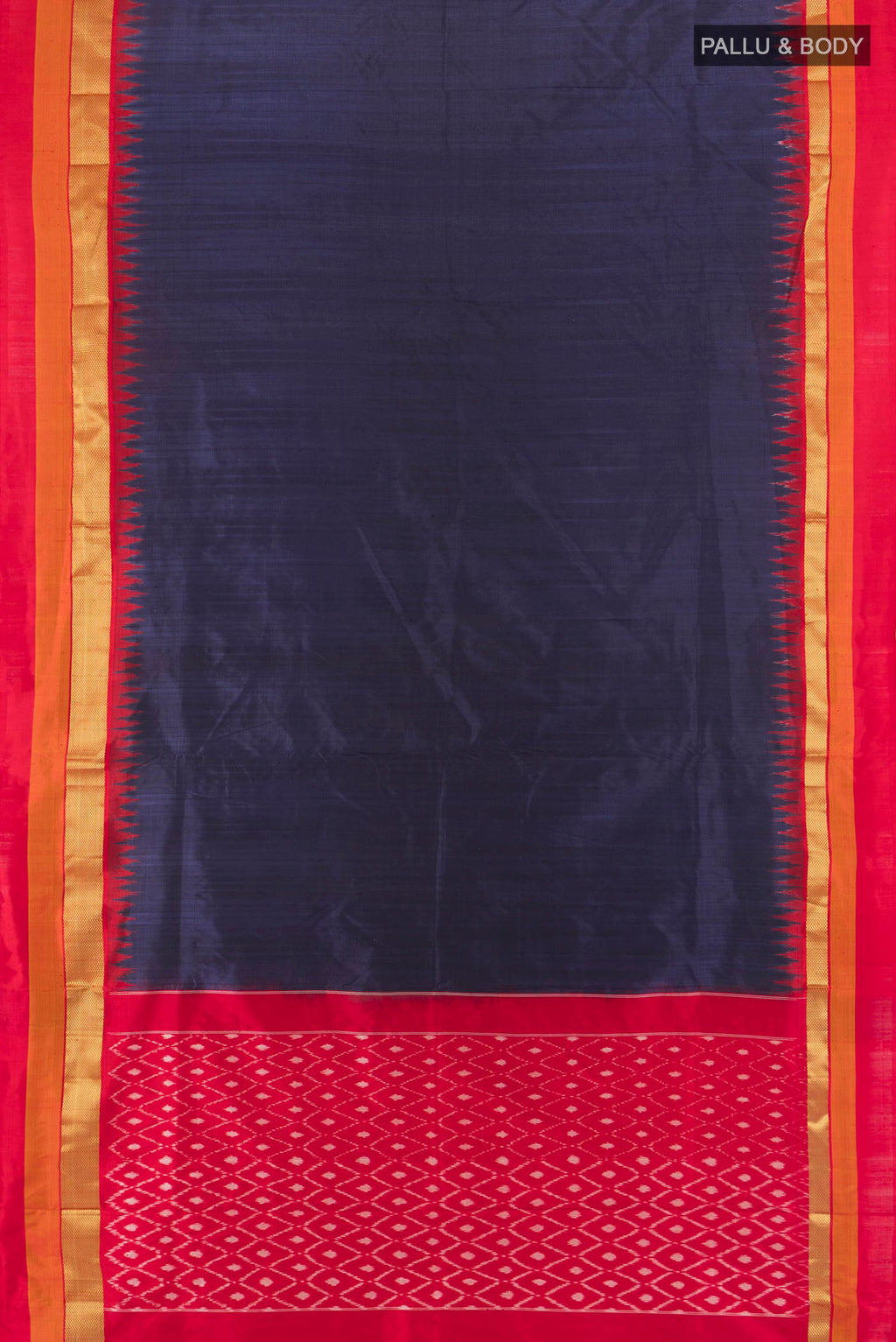 Flat view of Pure Silk Navy Blue Pochampally Saree with Plain Body and Zari Border. 