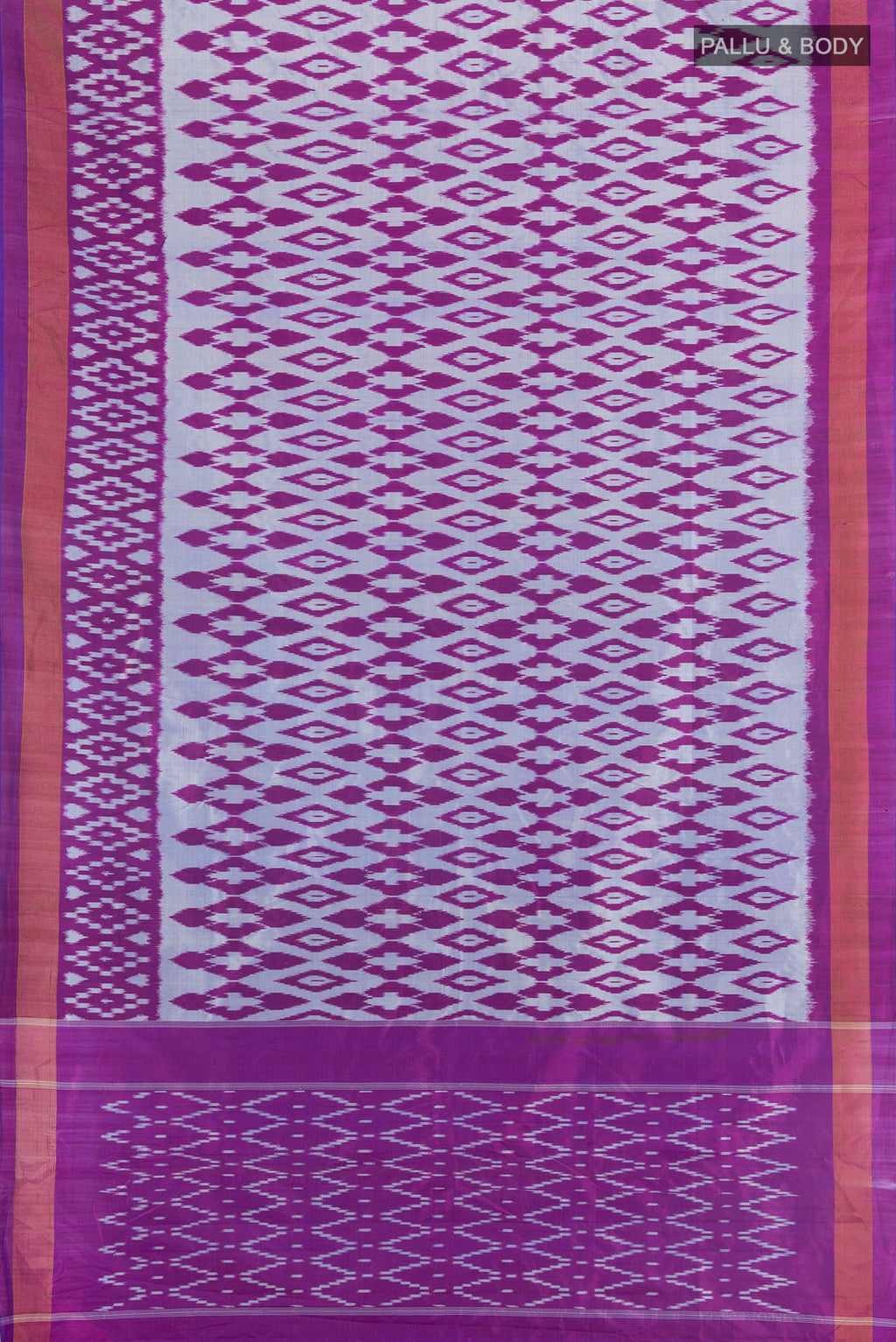 Flat view of Pure Silk Grey Pochampally Saree with Pure Ikat on the body and Zari Border. 