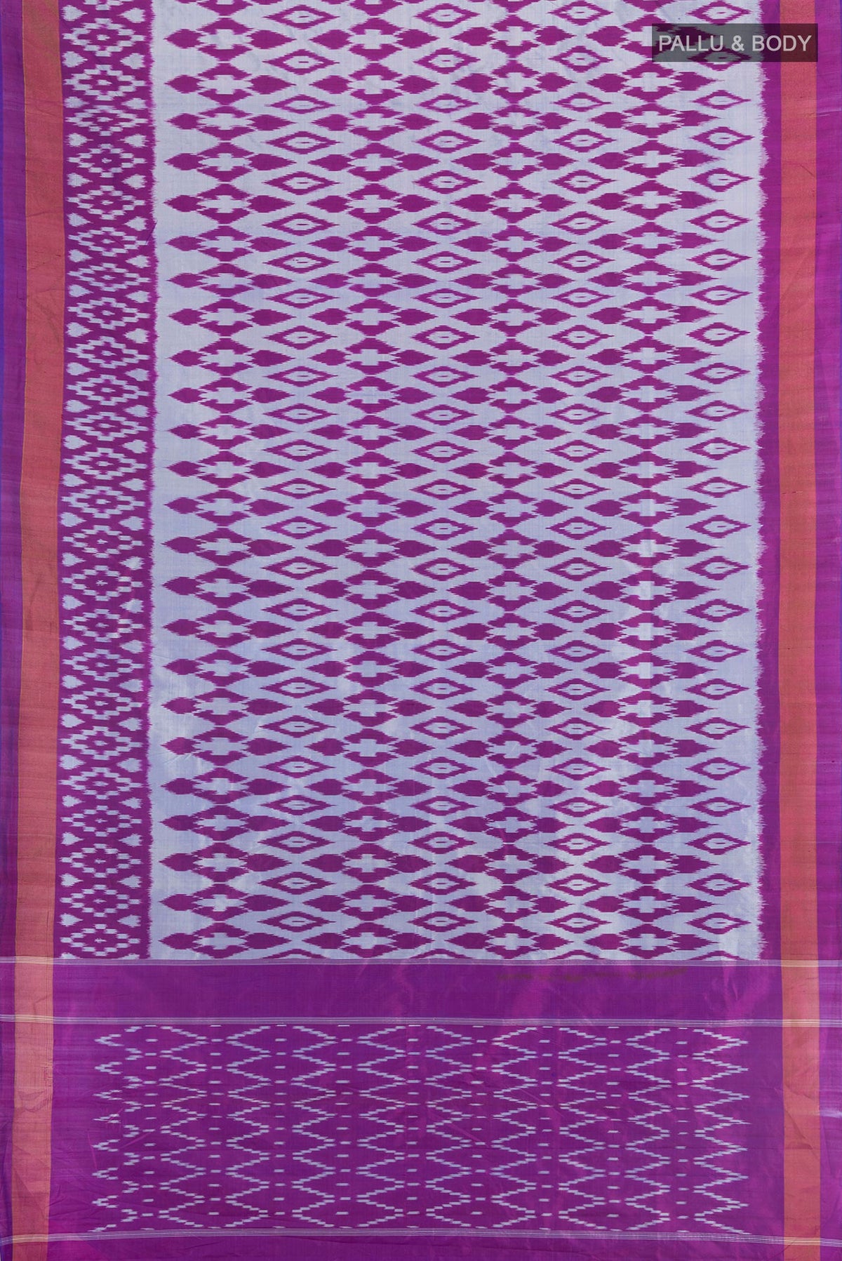 Flat view of Pure Silk Grey Pochampally Saree with Pure Ikat on the body and Zari Border. 