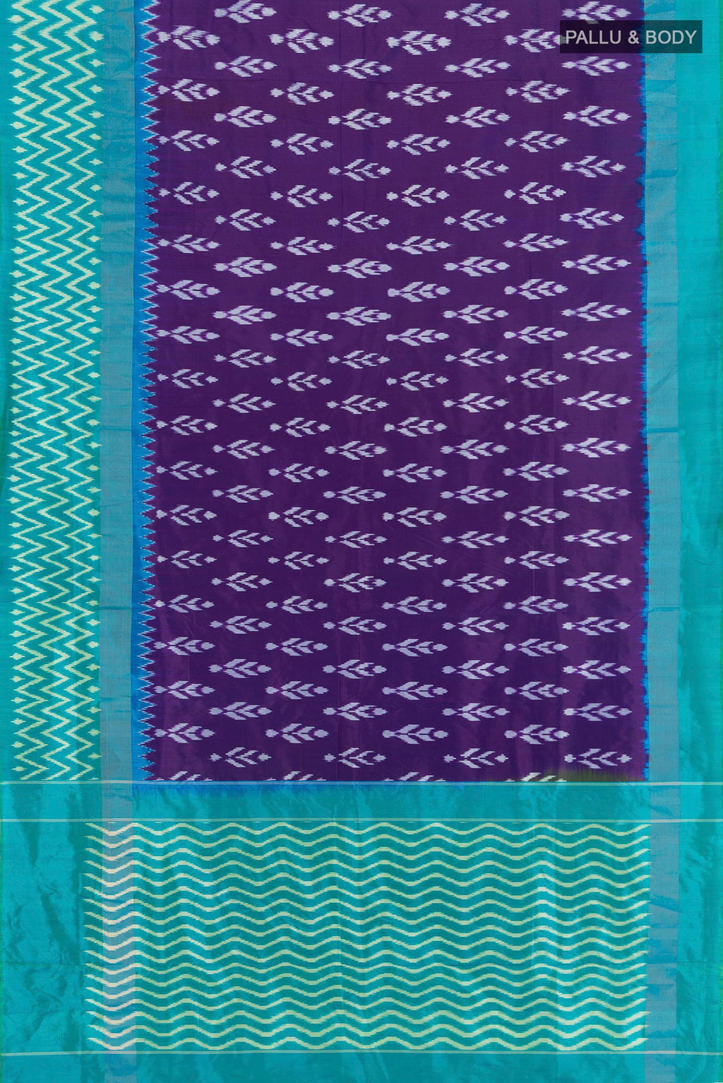 Flat view of Pure Silk Violet Pochampally Saree with Pure Ikat on the body and Ikat Border. 