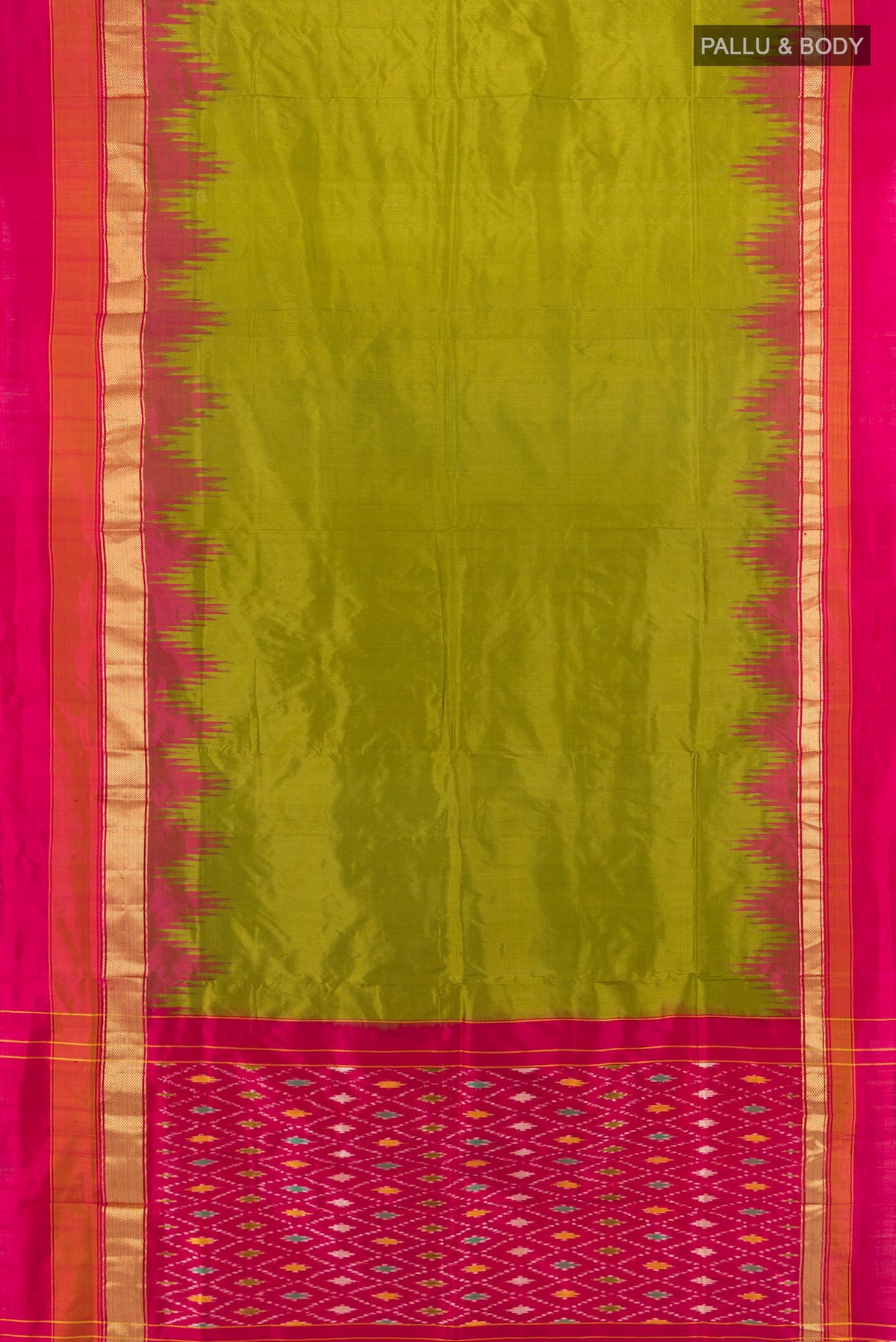 Flat view of Pure Silk Mehandi Green Pochampally Saree with Plain Body and Zari Border. 