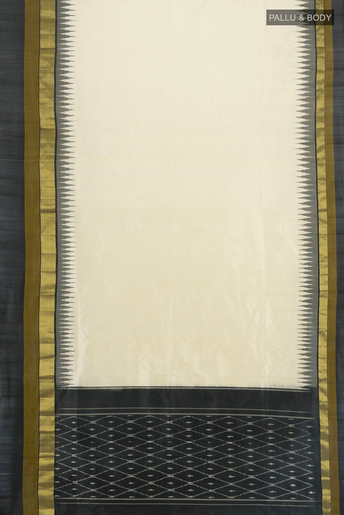 Flat view of Pure Silk Cream Pochampally Saree with Plain Body and Zari Border. 