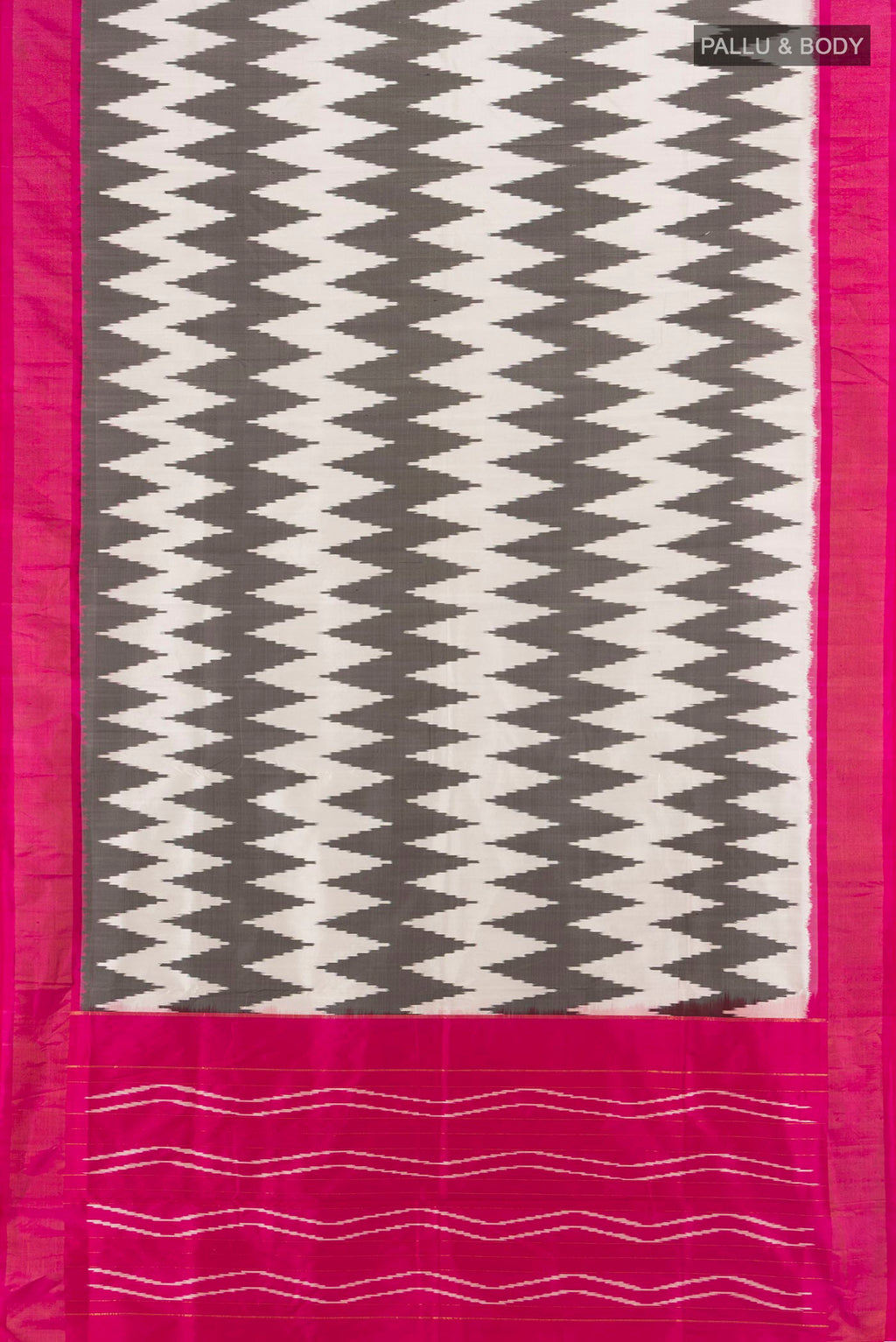 Flat view of Pure Silk Multi Color Pochampally Saree with Pure Ikat on the body and Zari Border. 