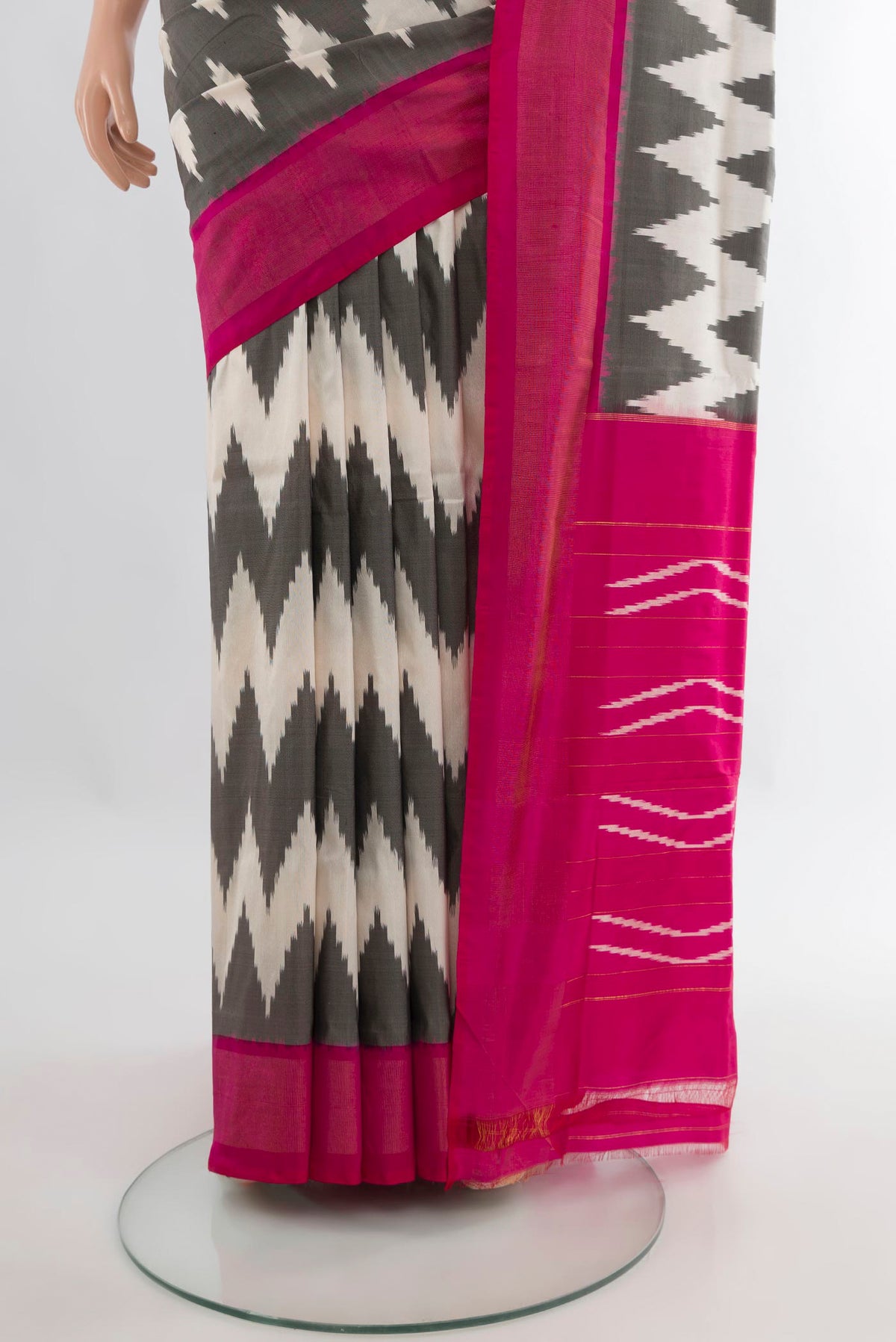 Pleats and pallu of Pure Silk Multi Color Pochampally Saree with Pure Ikat on the body and Zari Border. 