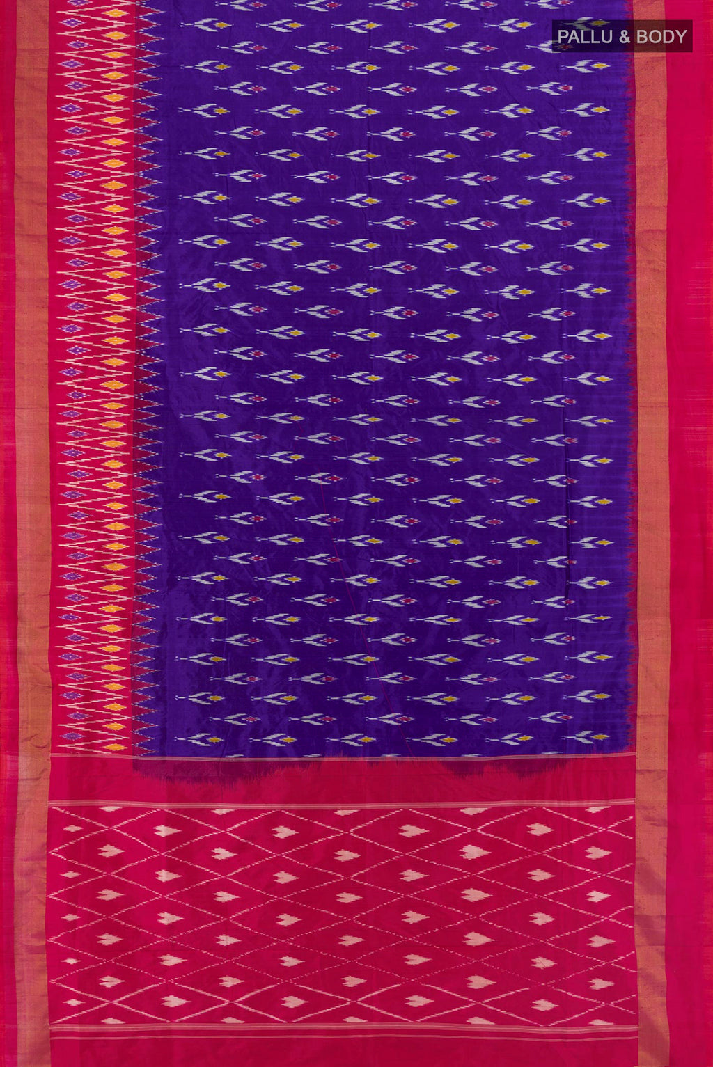 Flat view of Pure Silk Dark Blue Pochampally Saree with Ikat design on the body and Ikat Border. 