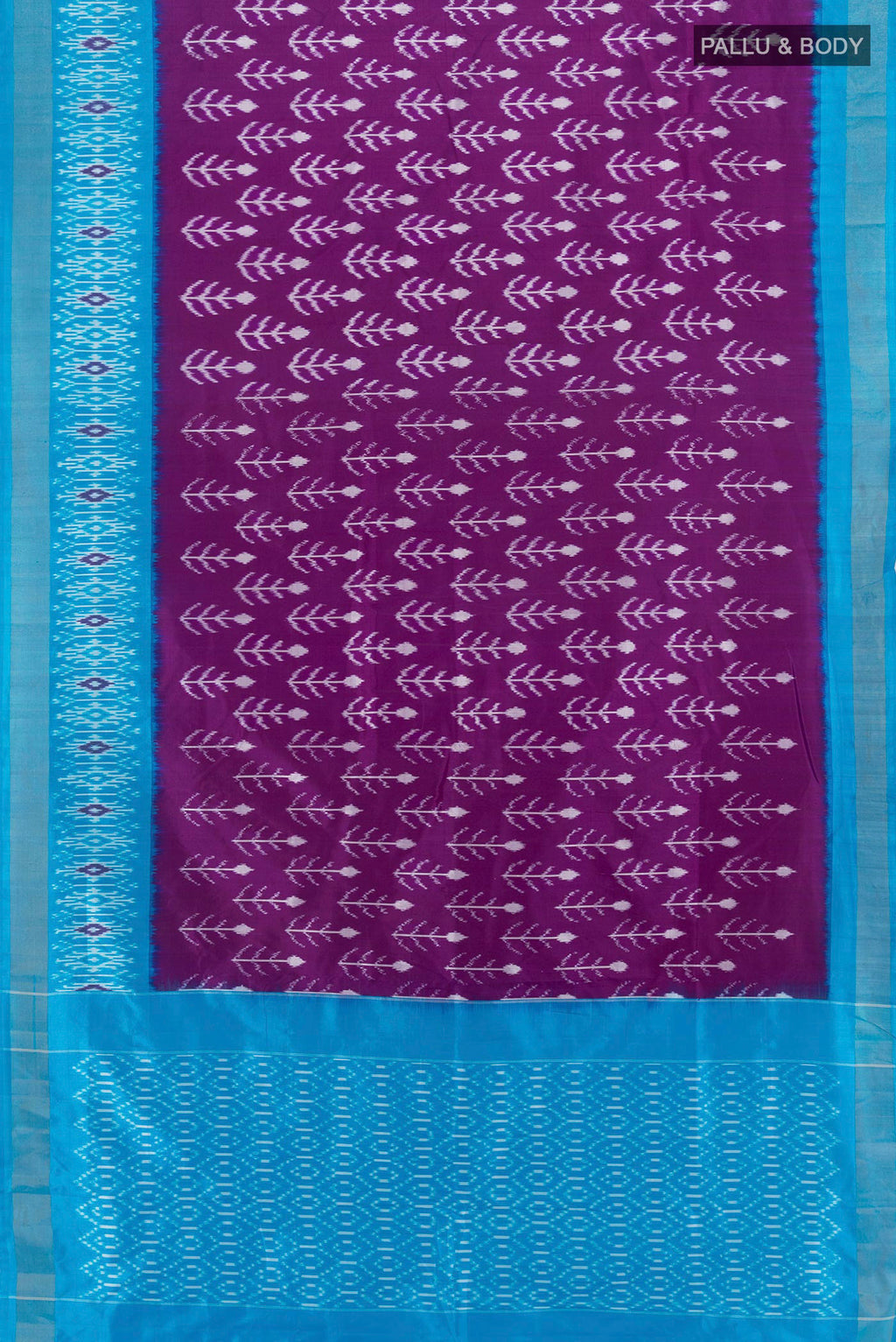 Flat view of Pure Silk Violet Pochampally Saree with Pure Ikat on the body and Ikat Border. 