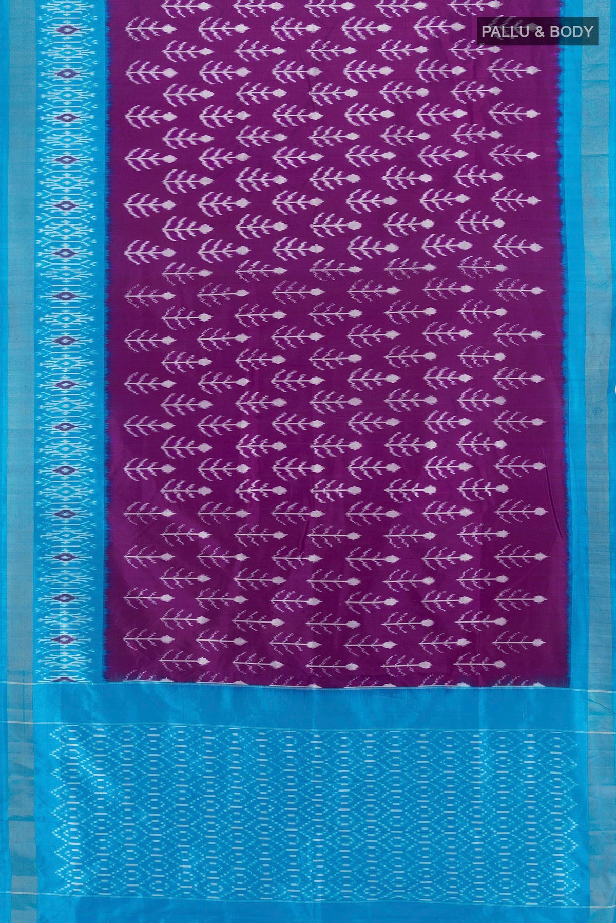 Flat view of Pure Silk Violet Pochampally Saree with Pure Ikat on the body and Ikat Border. 