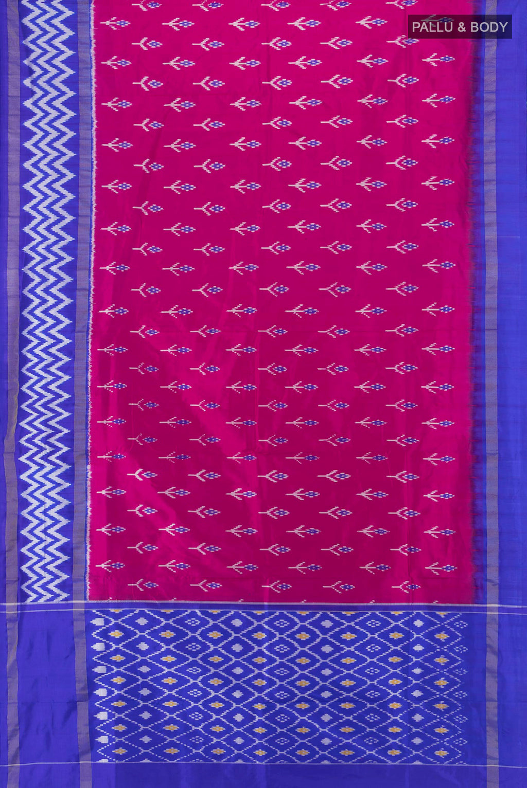 Flat view of Pure Silk Dark Pink Pochampally Saree with Ikat design on the body and Ikat Border. 