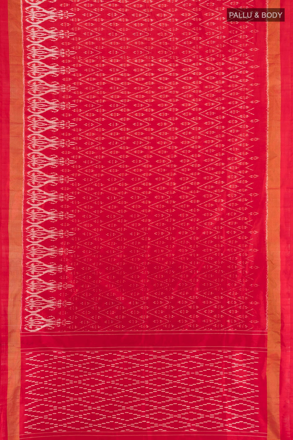 Flat view of Pure Silk Red Pochampally Saree with Pure Ikat on the body and Zari Border. 