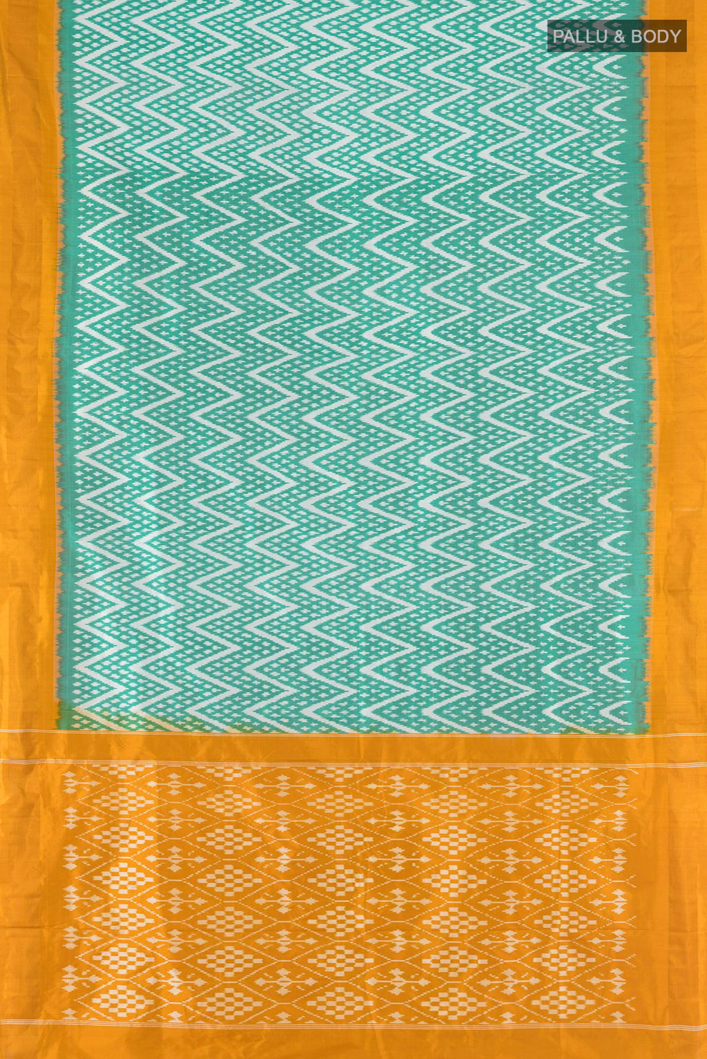 Flat view of Pure Silk Green Pochampally Saree with Ikat design on the body and Zari Border. 