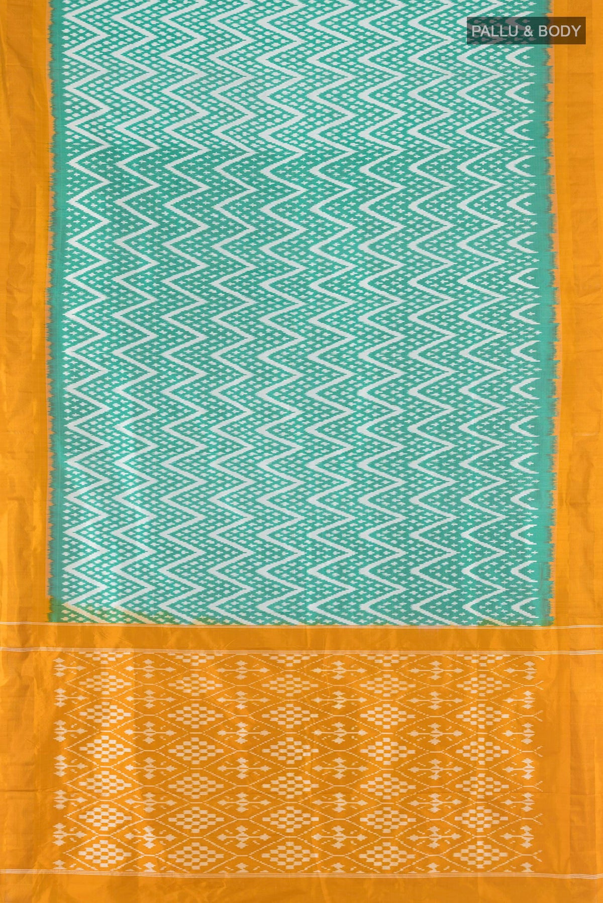 Flat view of Pure Silk Green Pochampally Saree with Ikat design on the body and Zari Border. 