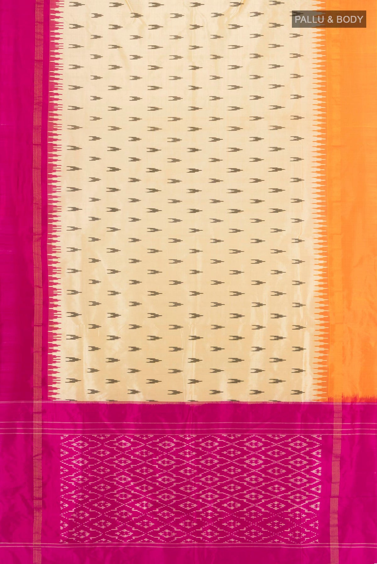 Flat view of Pure Silk Sandal Pochampally Saree with Pure Ikat on the body and Ganga Jamuna Border. 
