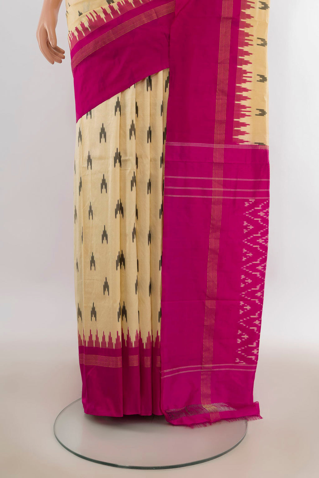 Pleats and pallu of Pure Silk Sandal Pochampally Saree with Pure Ikat on the body and Ganga Jamuna Border. 