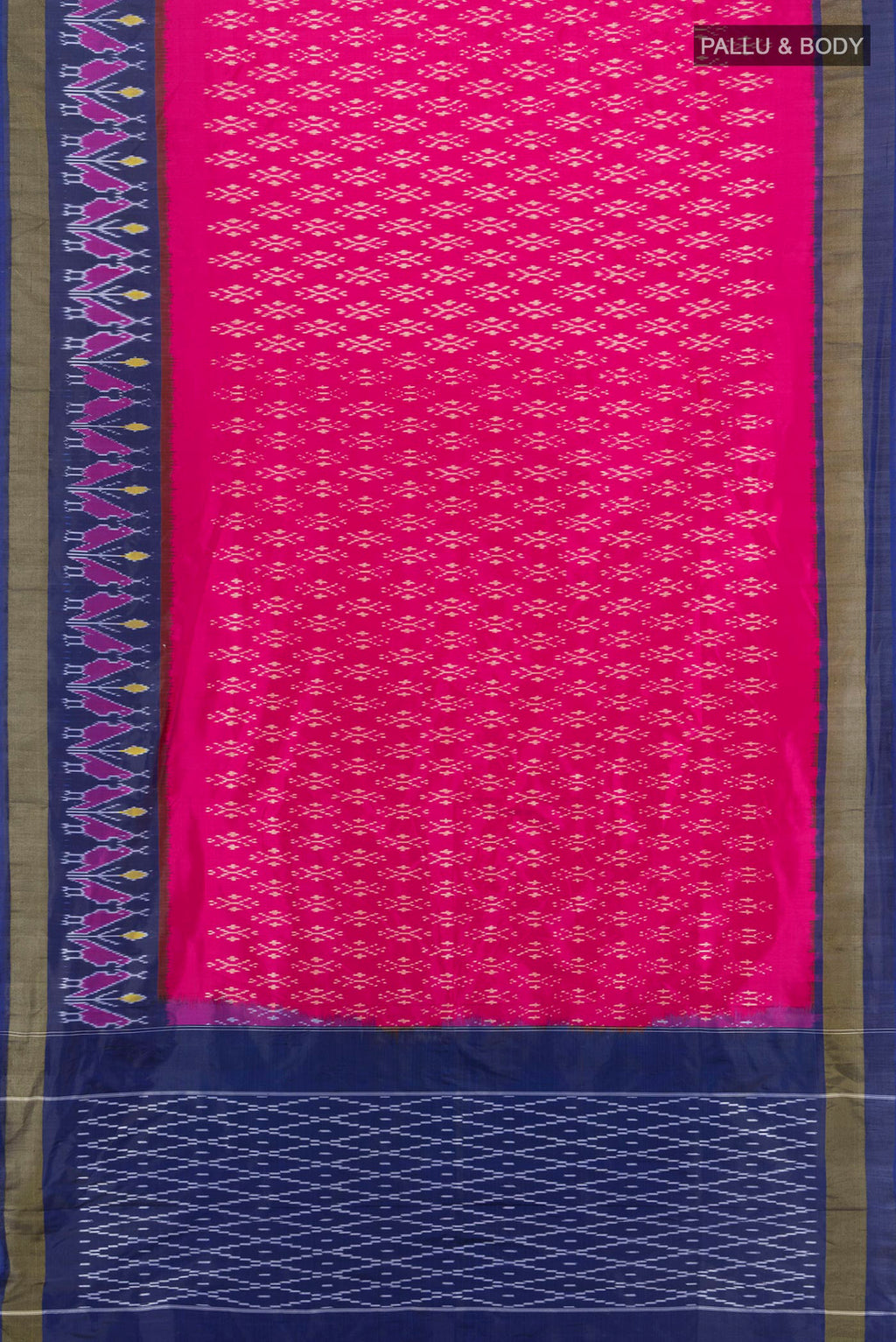 Flat view of Pure Silk Pink Pochampally Saree with Pure Ikat on the body and Ikat Border. 