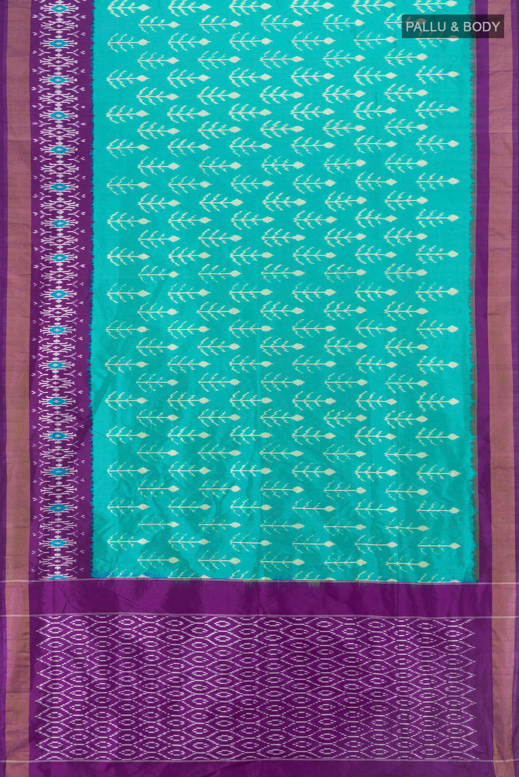 Flat view of Pure Silk Turquoise Pochampally Saree with Ikat design on the body and Ikat Border. 