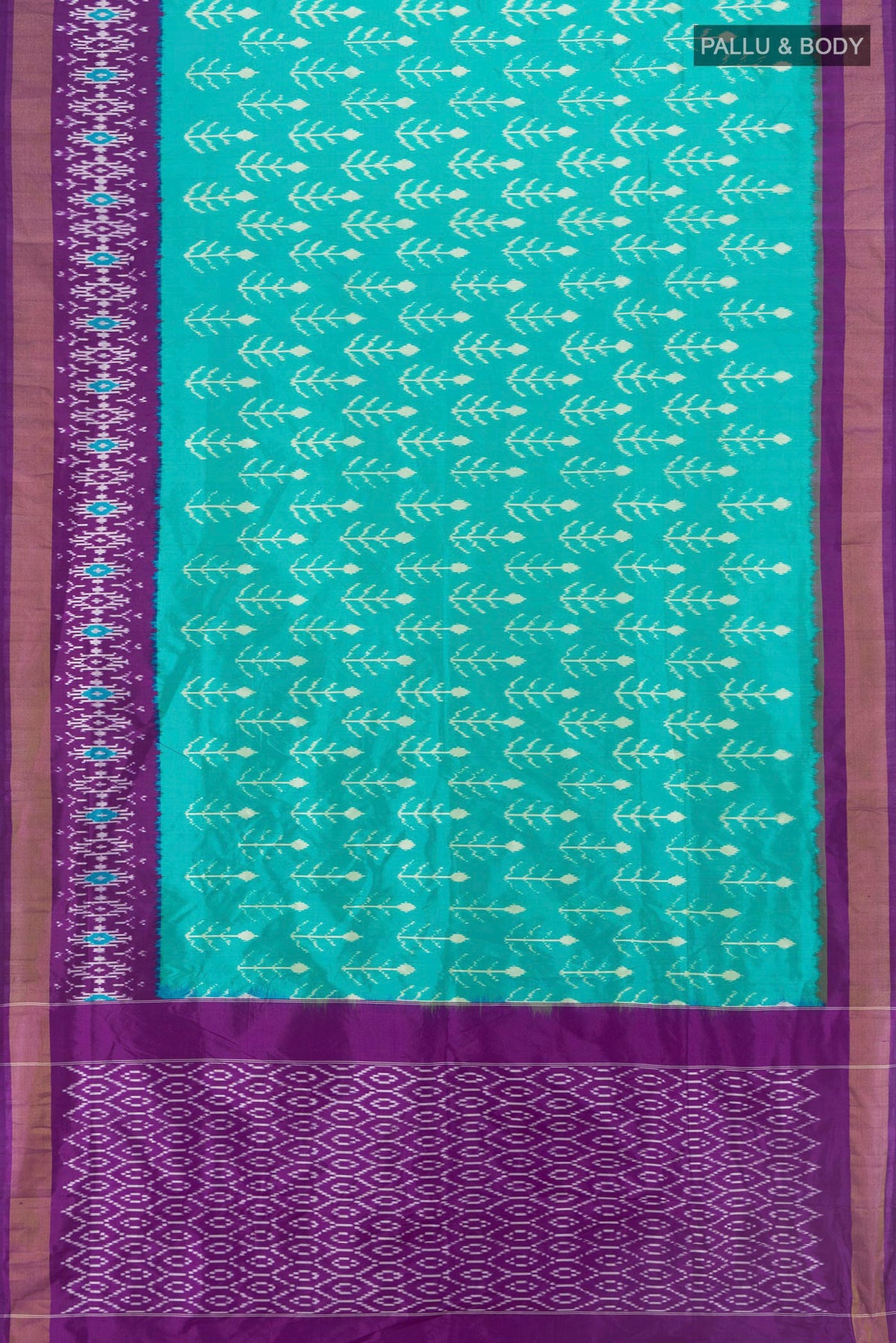Flat view of Pure Silk Turquoise Pochampally Saree with Ikat design on the body and Ikat Border. 