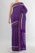 Pure Silk Violet Pochampally Saree with Pure Ikat on the body and Zari Border.  displayed on a mannequin