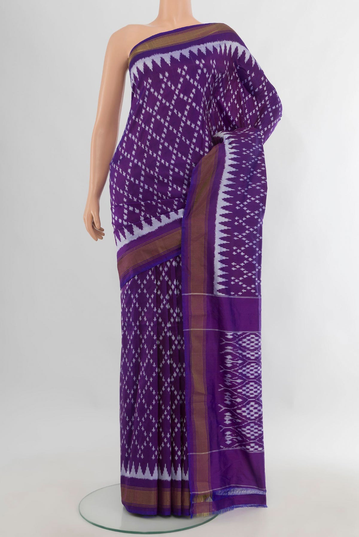 Pure Silk Violet Pochampally Saree with Pure Ikat on the body and Zari Border.  displayed on a mannequin