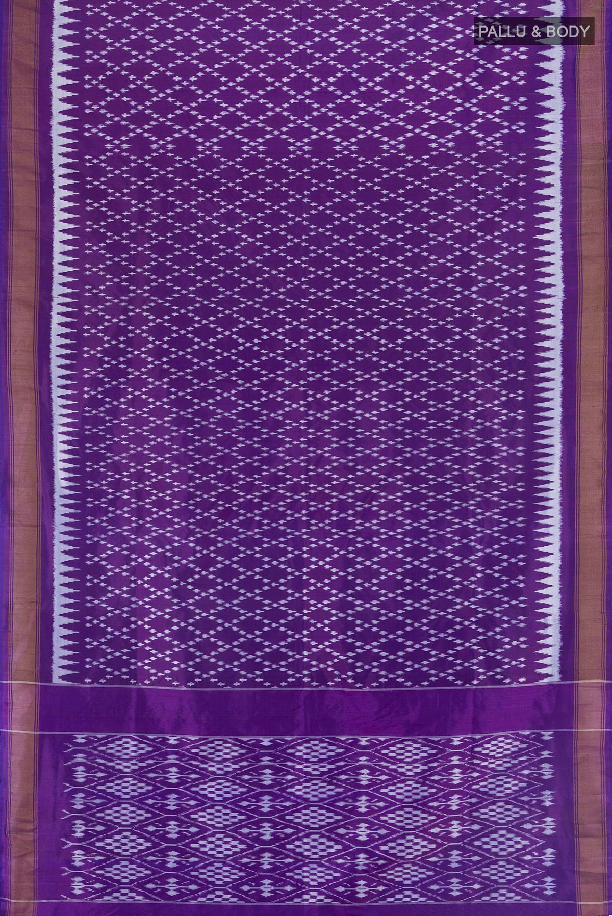 Flat view of Pure Silk Violet Pochampally Saree with Pure Ikat on the body and Zari Border. 