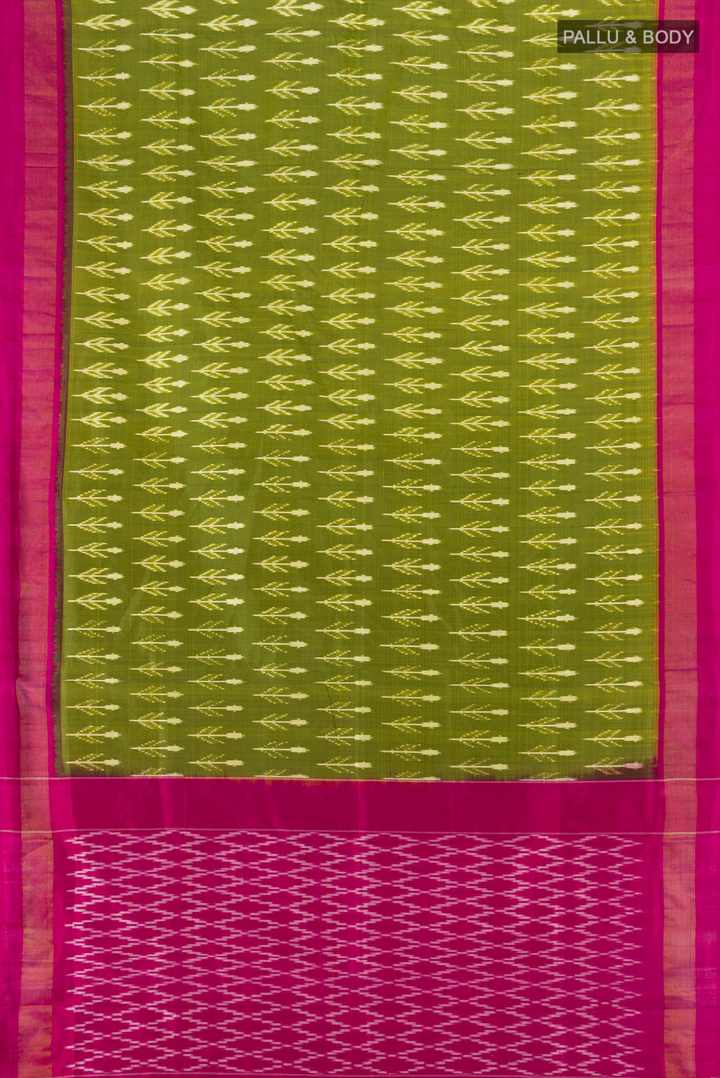 Flat view of Pure Silk Green Pochampally Saree with Pure Ikat on the body and Zari Border. 
