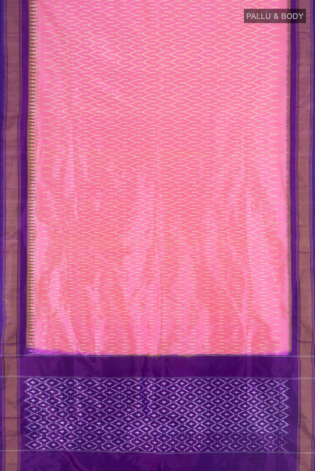 Flat view of Pure Silk Pink Pochampally Saree with Pure Ikat on the body and Zari Border. 