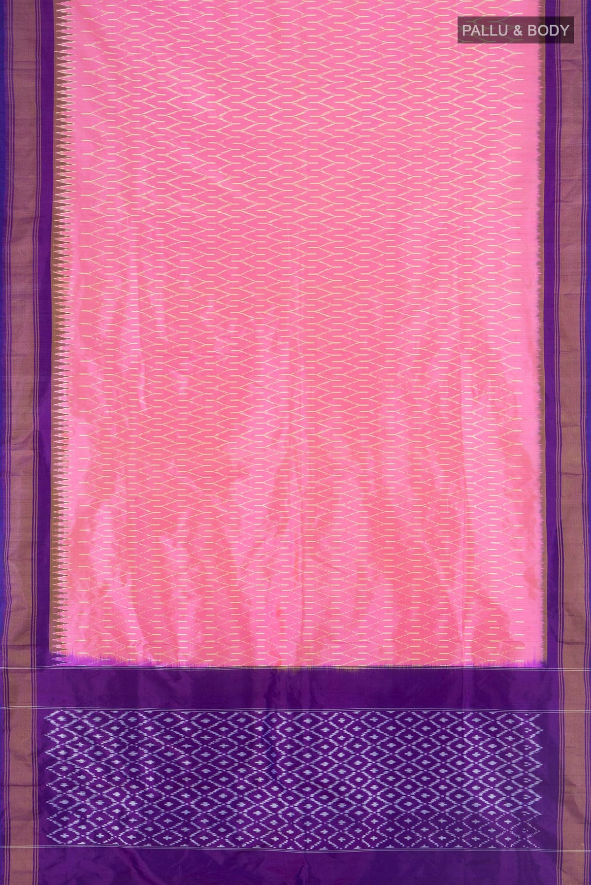 Flat view of Pure Silk Pink Pochampally Saree with Pure Ikat on the body and Zari Border. 