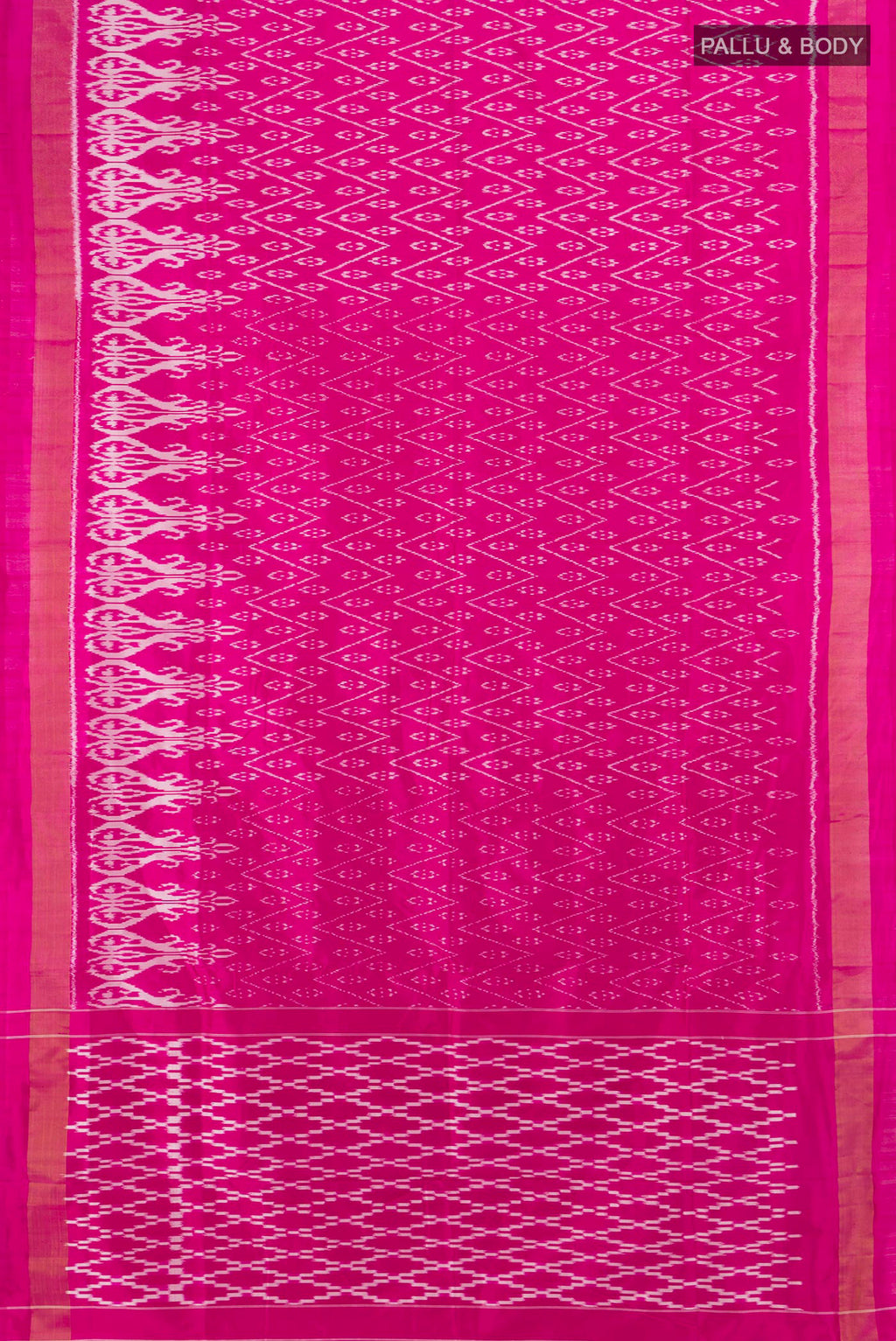 Flat view of Pure Silk Pink Pochampally Saree with Pure Ikat on the body and Zari Border. 