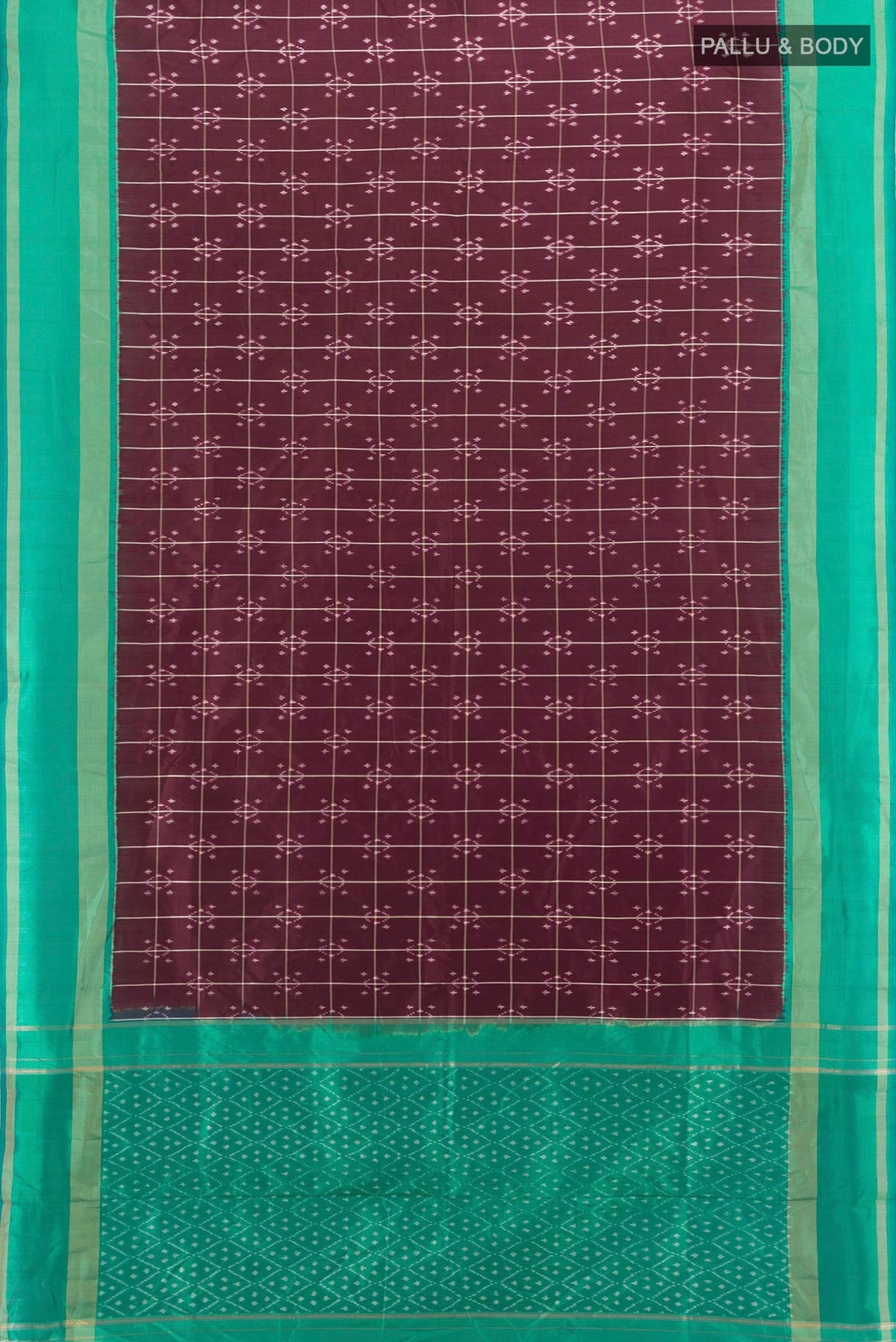 Flat view of Pure Silk Coffee Brown Pochampally Saree with Ikat design on the body and Ikat Border. 