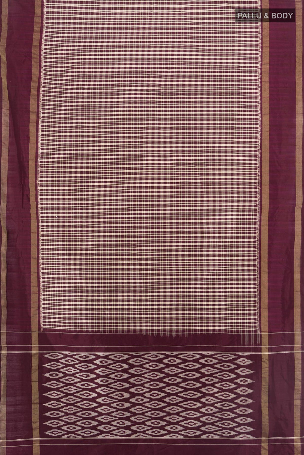 Flat view of Pure Silk Coffee Brown Pochampally Saree with Checked design on the body and Zari Border. 