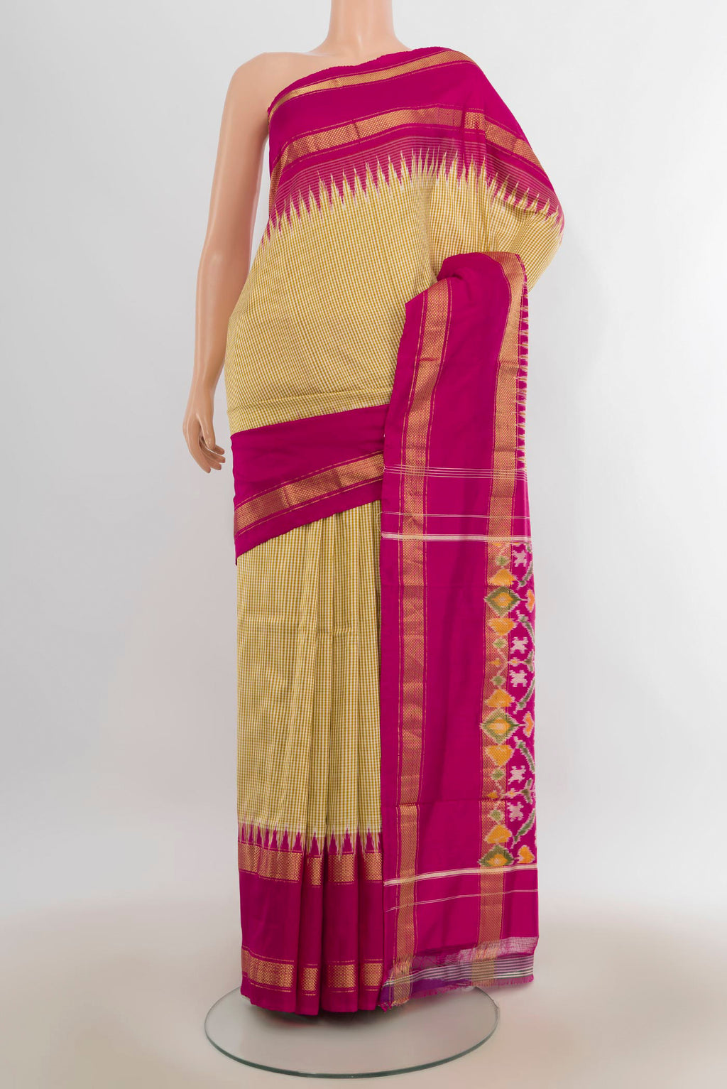 Pure Silk Sandal Pochampally Saree with Checked design on the body and Zari Border.  displayed on a mannequin