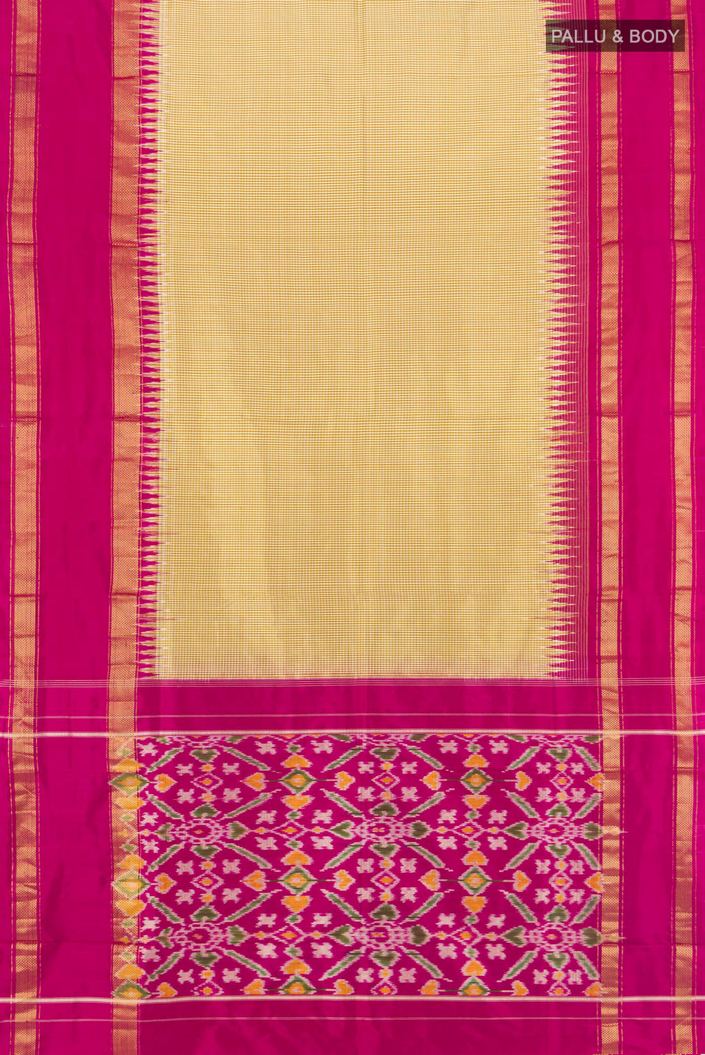 Flat view of Pure Silk Sandal Pochampally Saree with Checked design on the body and Zari Border. 