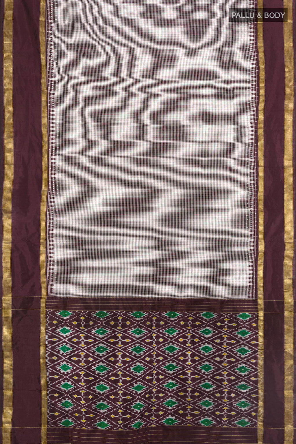Flat view of Pure Silk Multi Color Pochampally Saree with Checked design on the body and Zari Border. 