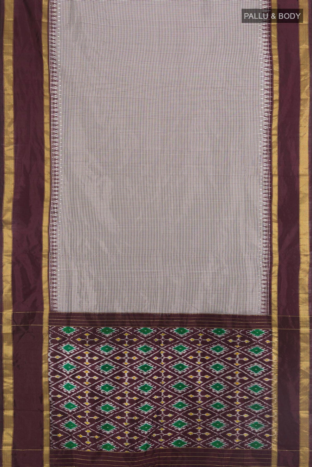 Flat view of Pure Silk Multi Color Pochampally Saree with Checked design on the body and Zari Border. 