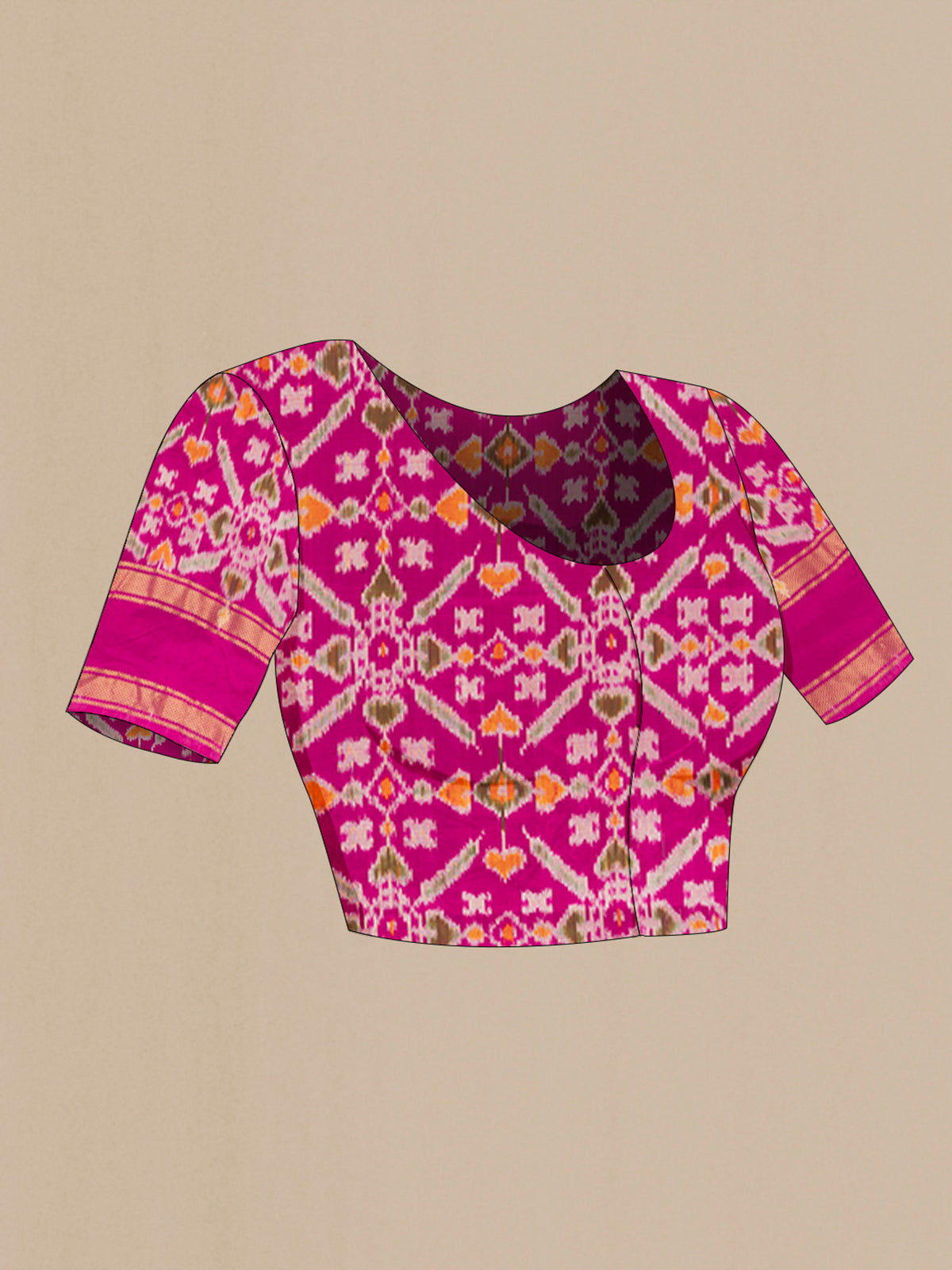 Close up image of the blouse of Pure Silk Blue Pochampally Saree with Checked design on the body and Zari Border. 