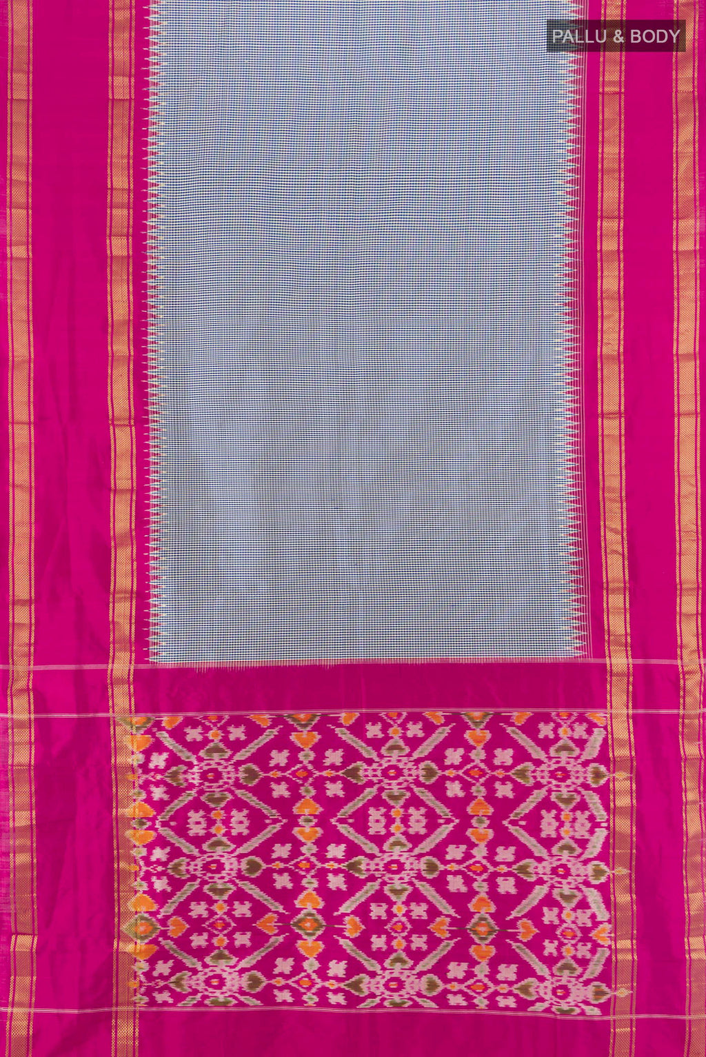 Flat view of Pure Silk Blue Pochampally Saree with Checked design on the body and Zari Border. 