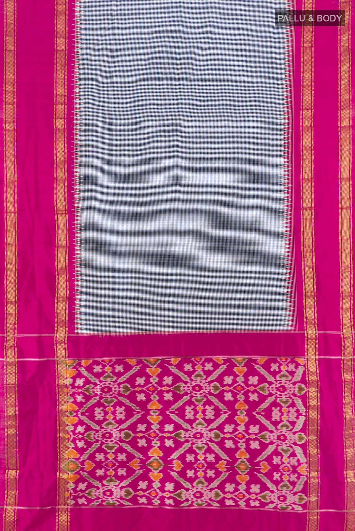 Flat view of Pure Silk Blue Pochampally Saree with Checked design on the body and Zari Border. 