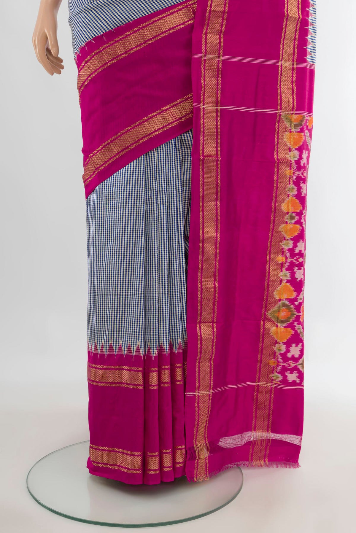 Pleats and pallu of Pure Silk Blue Pochampally Saree with Checked design on the body and Zari Border. 