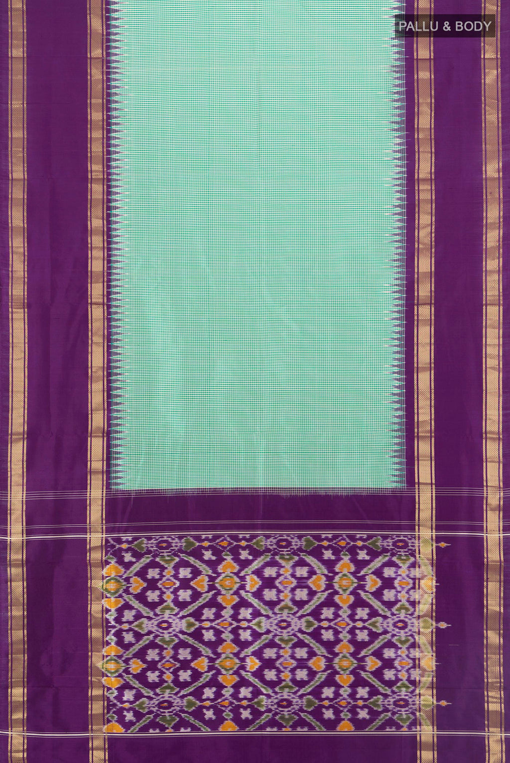 Flat view of Pure Silk Mint Green Pochampally Saree with Checked design on the body and Zari Border. 