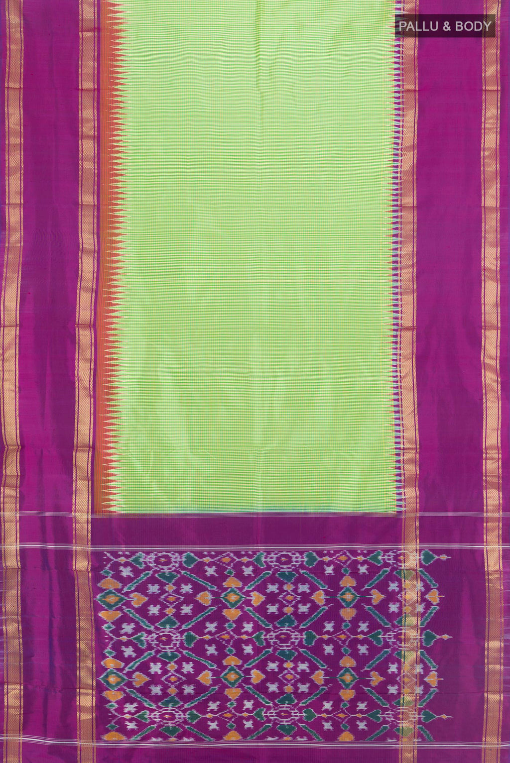 Flat view of Pure Silk Green Pochampally Saree with Checked design on the body and Zari Border. 