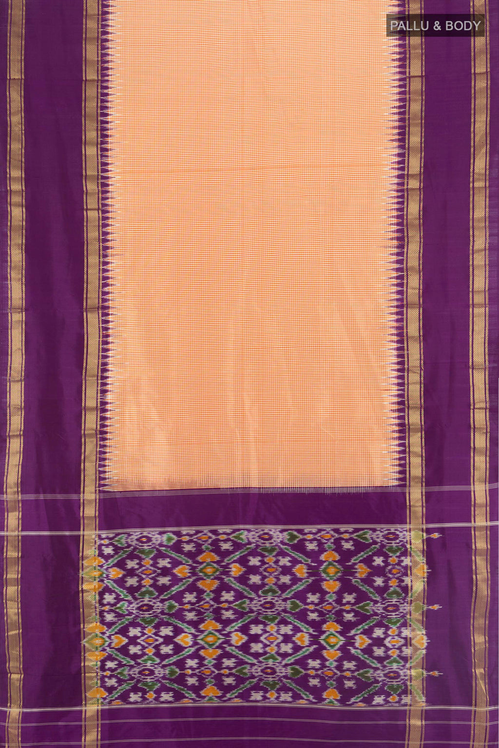 Flat view of Pure Silk Orange Pochampally Saree with Checked design on the body and Zari Border. 