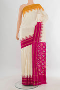 Pure Silk Cream Pochampally Saree with Plain Body and Ganga Jamuna Border.  displayed on a mannequin