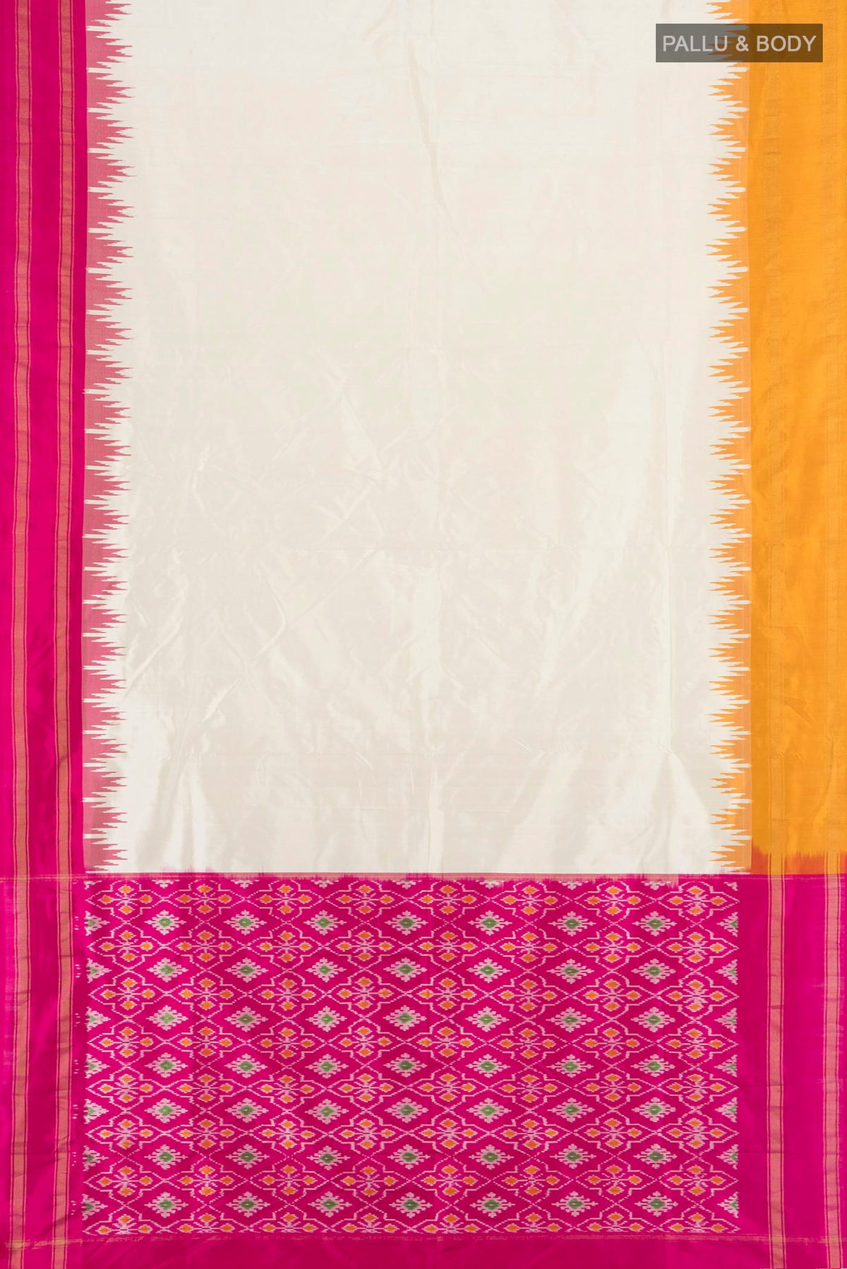 Flat view of Pure Silk Cream Pochampally Saree with Plain Body and Ganga Jamuna Border. 