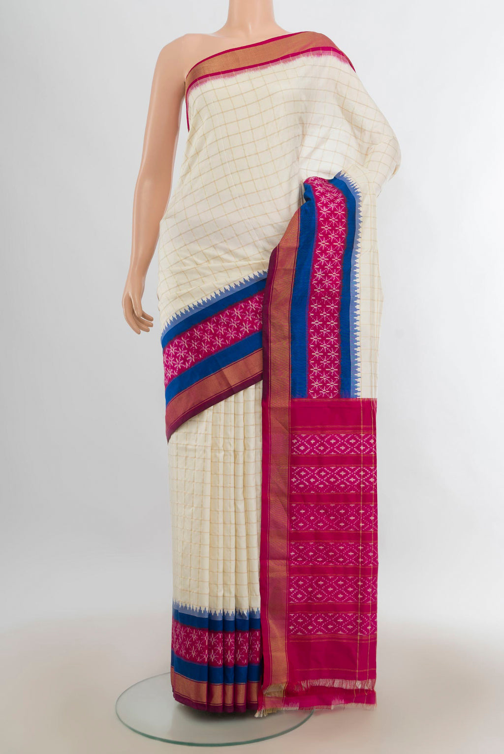 Pure Silk Multi Color Pochampally Saree with Ikat Print on the body and Silk Border.  displayed on a mannequin
