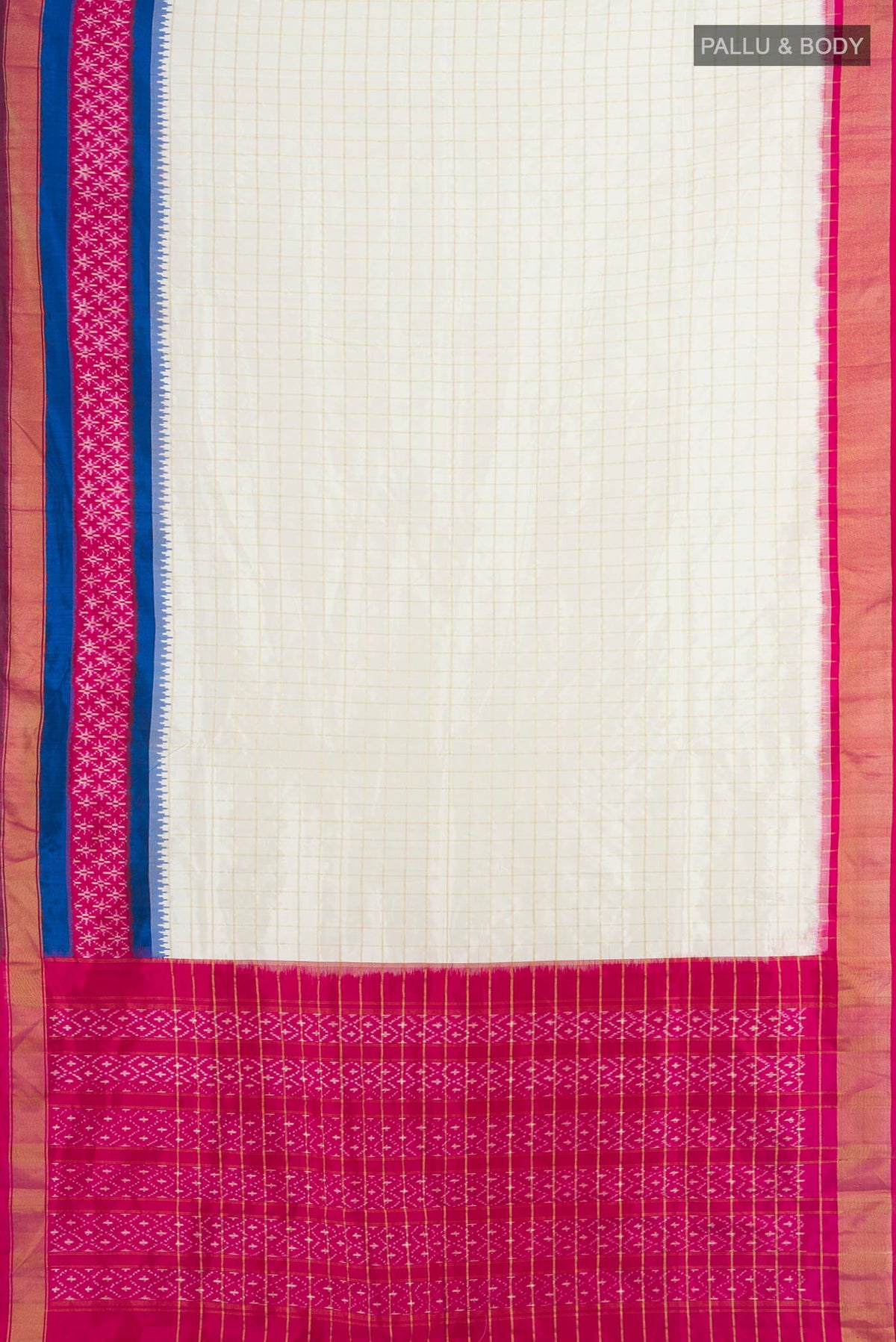 Flat view of Pure Silk Multi Color Pochampally Saree with Ikat Print on the body and Silk Border. 