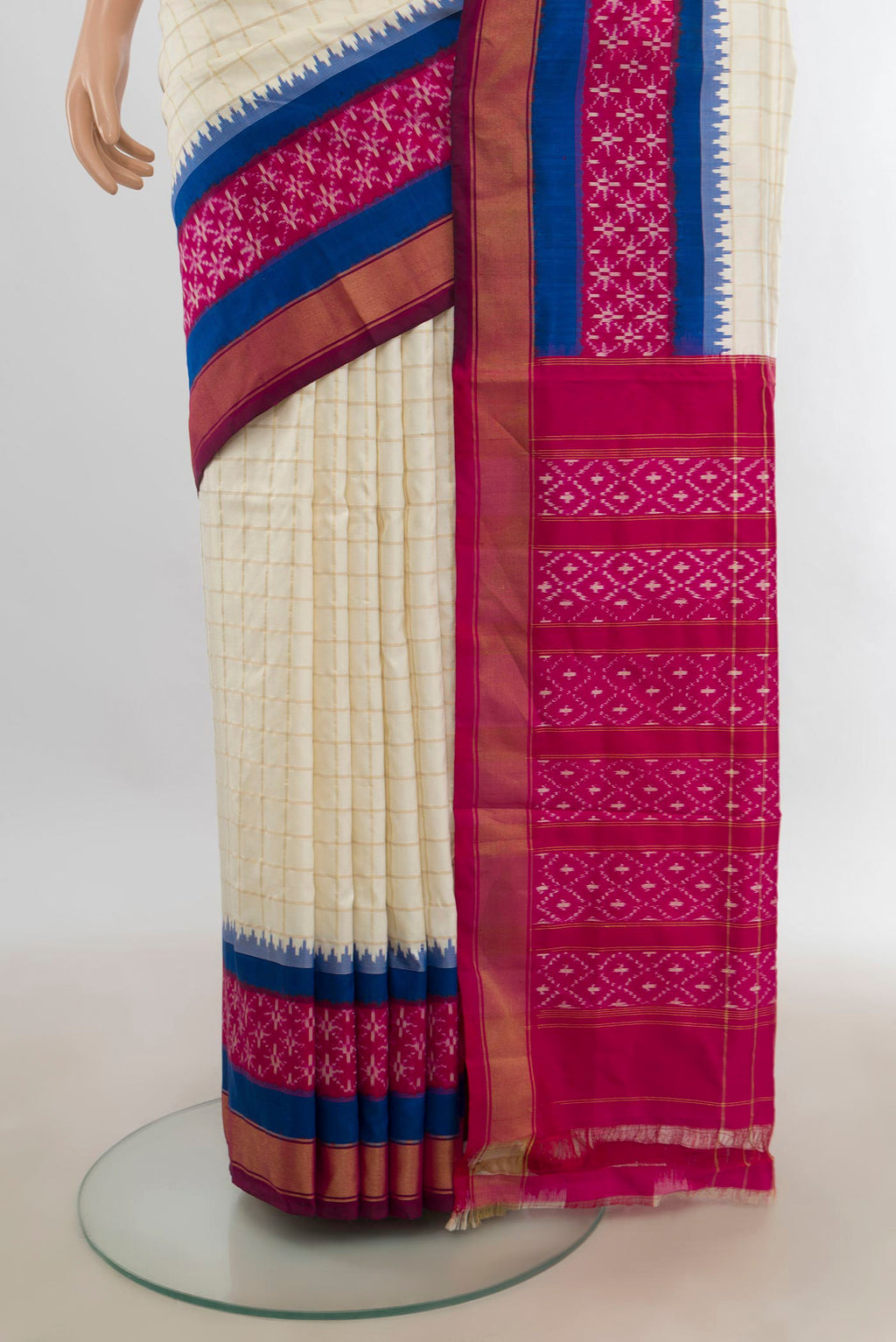 Pleats and pallu of Pure Silk Multi Color Pochampally Saree with Ikat Print on the body and Silk Border. 