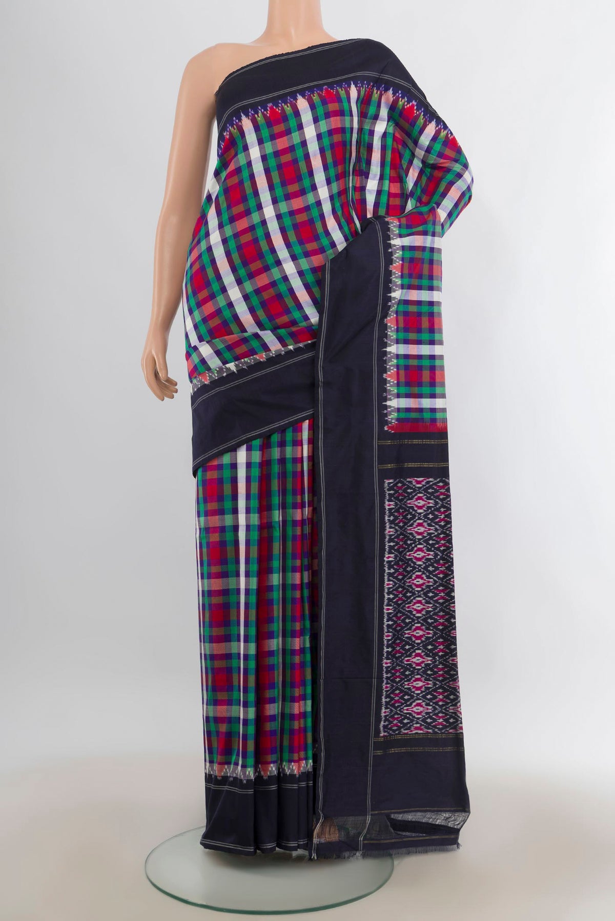 Pure Silk Multi Color Pochampally Saree with Pure Ikat on the body and Plain Border.  displayed on a mannequin