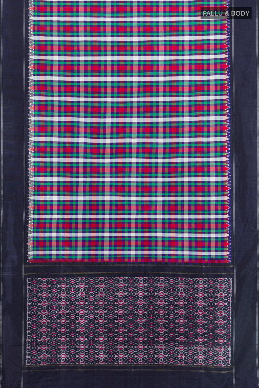Flat view of Pure Silk Multi Color Pochampally Saree with Pure Ikat on the body and Plain Border. 