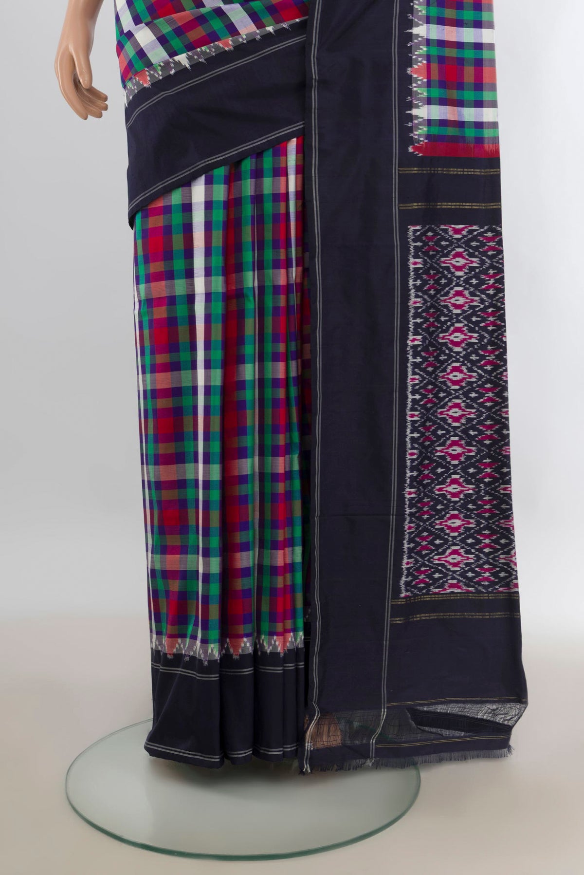 Pleats and pallu of Pure Silk Multi Color Pochampally Saree with Pure Ikat on the body and Plain Border. 